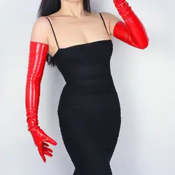 Extra Long Silver Gray Faux Leather Suede Gloves - 28 Elegant Evening Wear (Shine Red)