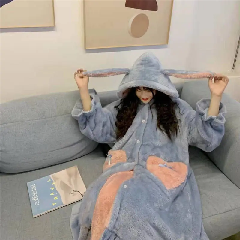 Kawaii Hooded Pajamas Set Winter Women's Flannel Robe Sets Thickened Warm Sweet Nightgown Coral Velvet Lovely Cartoon Sleepwear