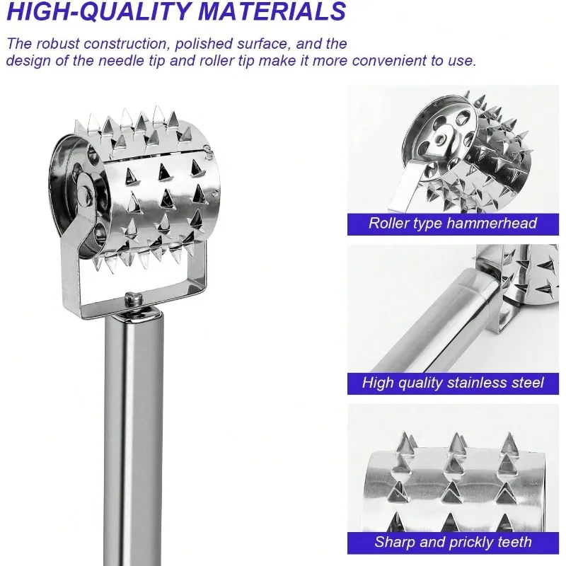 Professional Stainless Steel Meat Tenderizer - Silver Mallet for Steaks,Pork Chops&Marinated Meats, Heavy-Duty Drum Pounder Tool