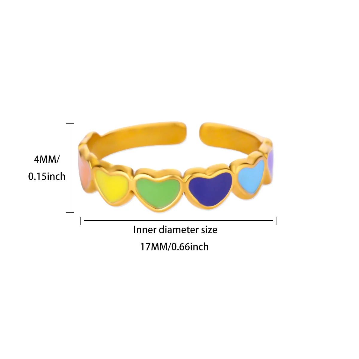 Rainbow Heart Rings Gold Stainless Steel Adjustable Wedding Jewelry