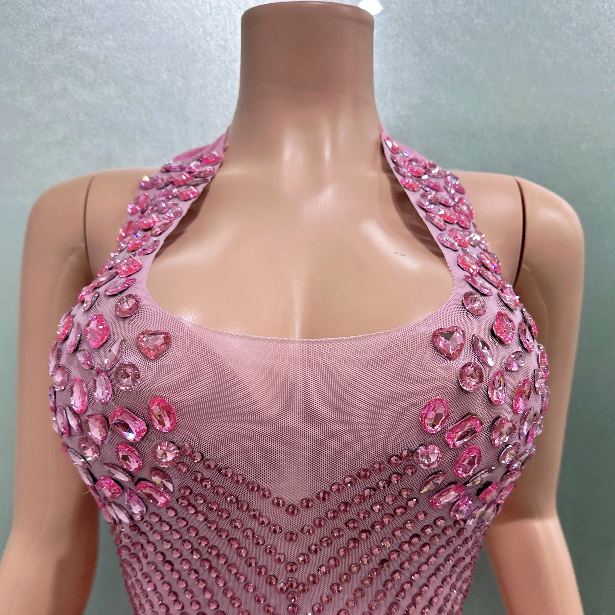 Flashing Rhinestone Pink Sexy Halter Backless Transparent Sheath Mini Dress Birthday Celebrate Costume Women Dancer Prom Outfit