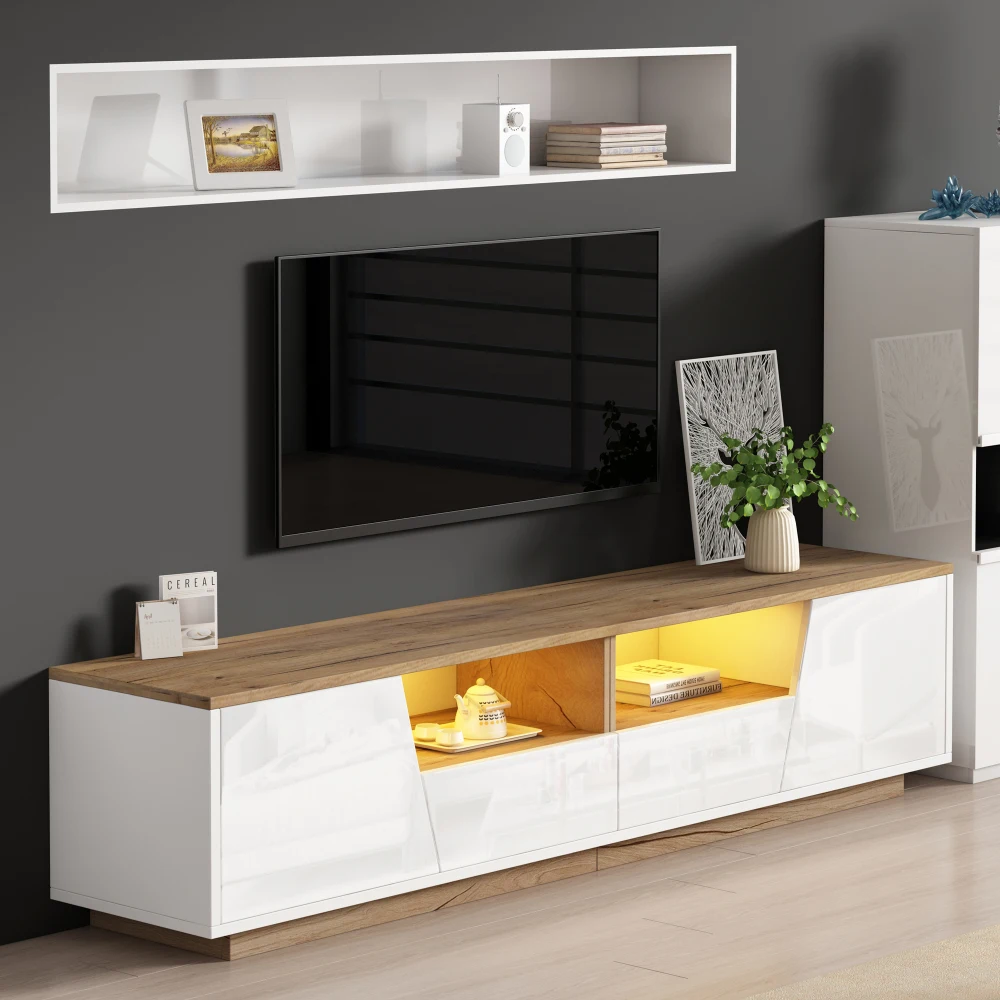 180 x 40 x 46 cm großer TV-Schrank mit 2 Schubladen und LED, Hochglanz-Lowboard und TV-Tisch, geeignet für 75-Zoll-Fernseher, Weiß + Holzfarbspleiß – Detail 10