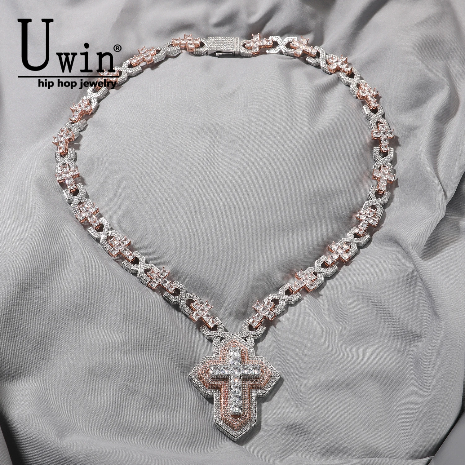 Uwin Triple Layers Cross Pendant Necklace Iced Out Two Tone Cubic Zirconia Cross Charms BaguetteCZ X link Chain HipHop Jewelry