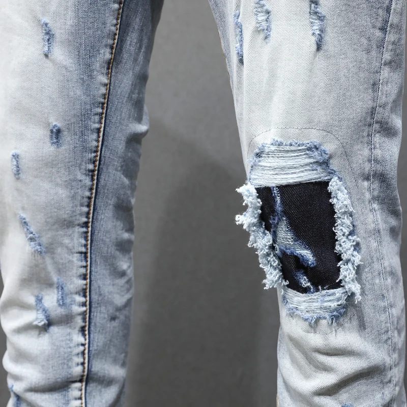 High Street Fashion Men Jeans Retro Light Blue Elastic Skinny Fit Ripped Jeans Men Patched Designer Hip Hop Brand Pants Hombre