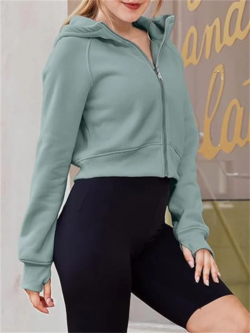 Women New Zipper Cardigan Solid Color Short Hoodie Autumn Winter Thickened Warm Hooded Sweatshirt Female Casual Sports Outerwear
