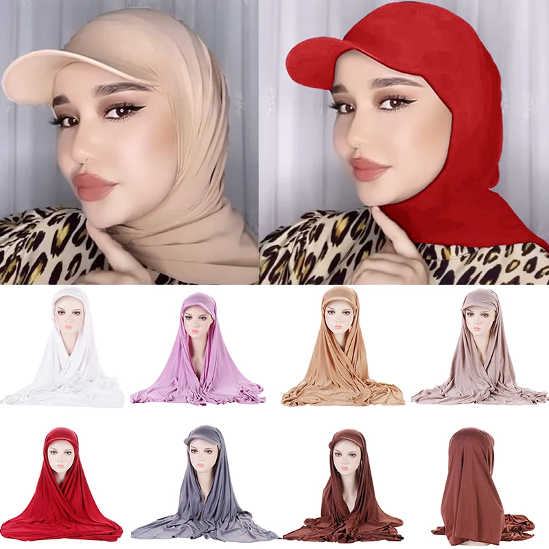 2-piece Set Shawl Instant Hijab Women Turban Hat Baseball Cap Hijab Fashion Colorful Bandana Sports Style Scarf Sun Protection