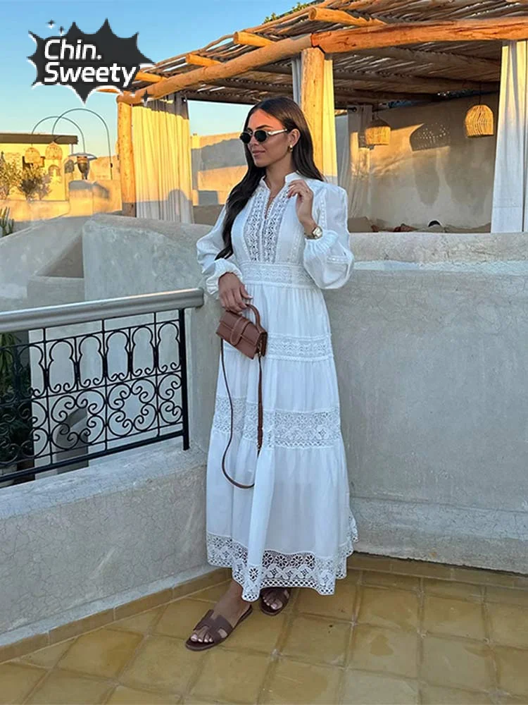 

Elegant Lace Spliced Hollow Out Maxi Dress Women Causal Loose Stand Collar Lantern Sleeved Dresses New Spring Female Street Robe