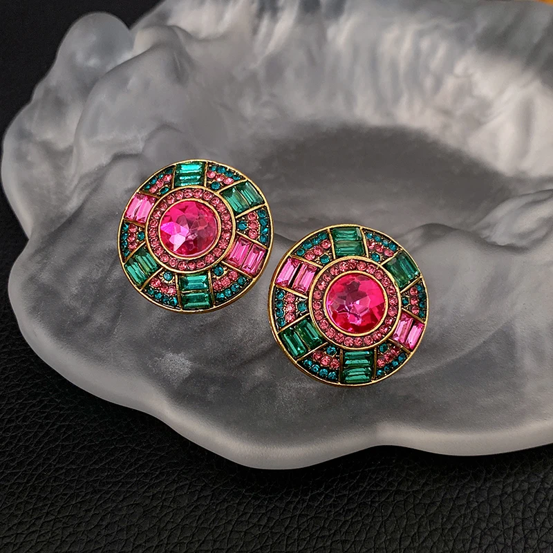 Grüne facettierte Kristallkette, geometrische runde Anhänger-Halskette, Ohrstecker, Schmuckset, Strass-Halsketten, Party, K0 – Detail 10