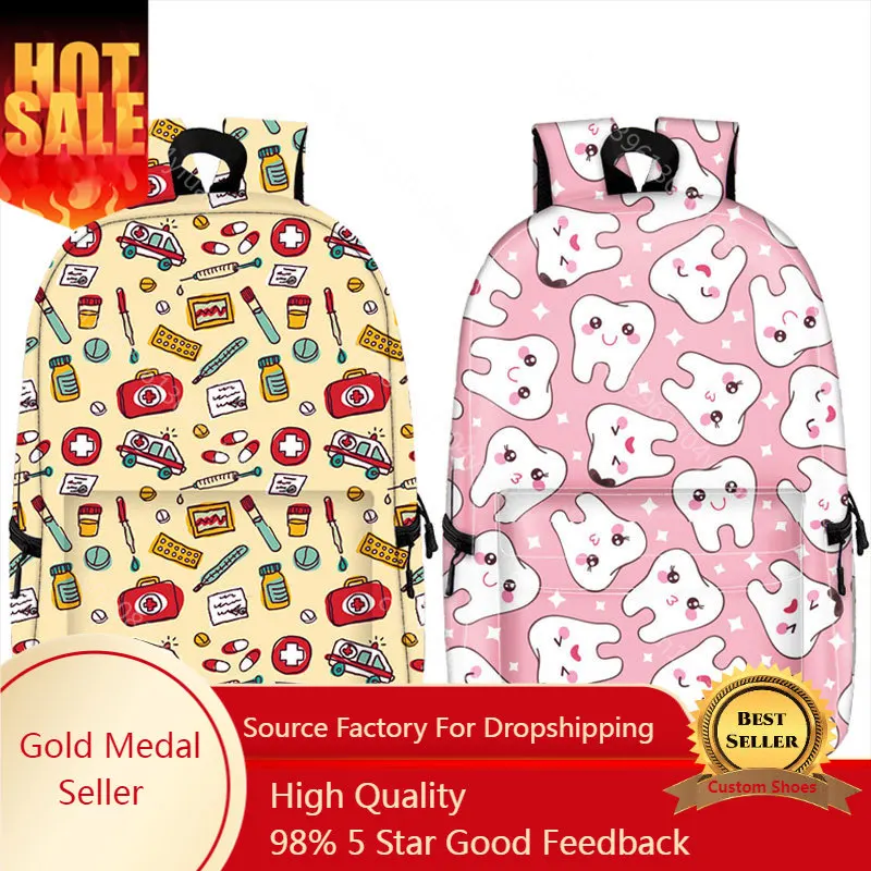 

Hot Sale Doctor Nurse ECG Printing Backpack for Teenager Girls Children Cute Tooth Fairy Travel Bag Student Bagpack