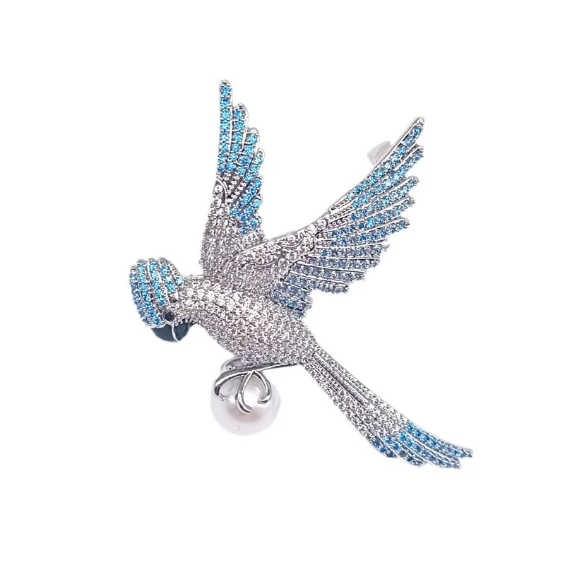 Exquisite Blue Zircon Parrot Brooch Pin Fashionable Freshwater Pearl Animal Bird Brooches for Woman Man Suit Jacket Accessories