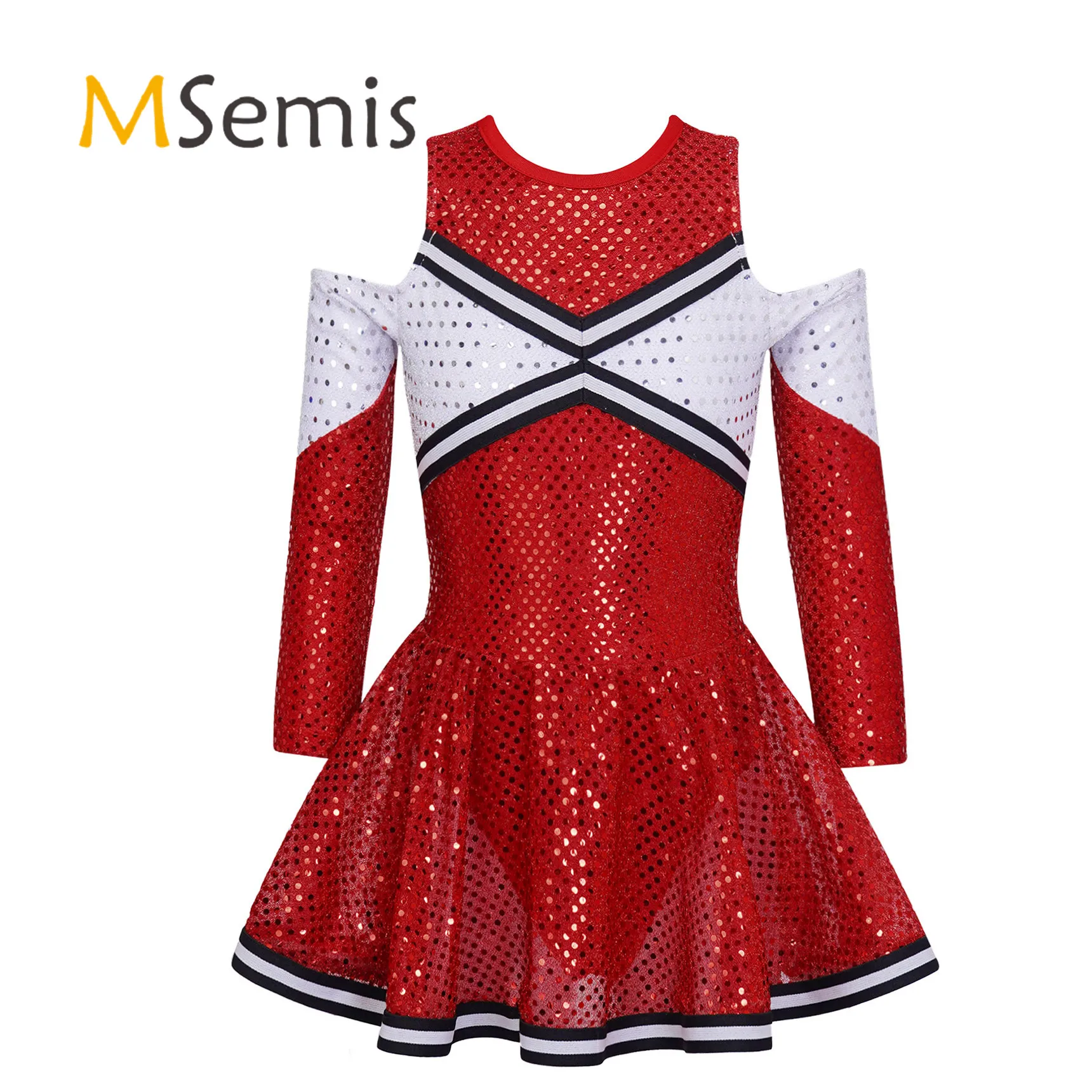 Kids Girls Cheerleading Uniform Dance Costume Long Sleeve Off-shoulder Round Neckline Contrast Color Shiny Sequins Dance Dress