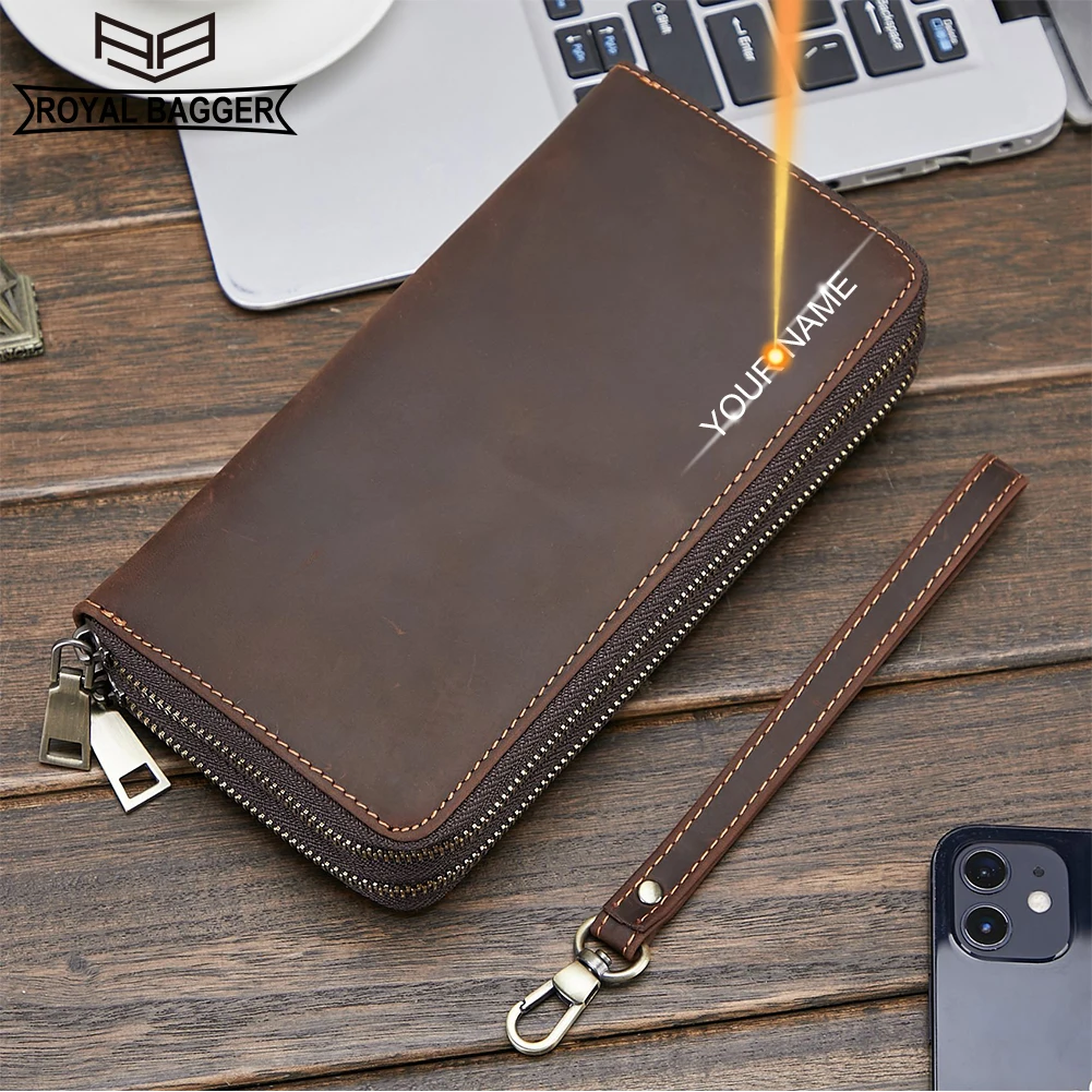 

Royal Bagger Clutch Bag for Men Business Genuine Cow Leather Large Capacity Handbag Double Zipper Long Wallet Purse 1003