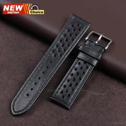 Vintage Dark Brown Genuine Cowhide Leather Watch Strap - Breathable Wristband - 22mm (Black)