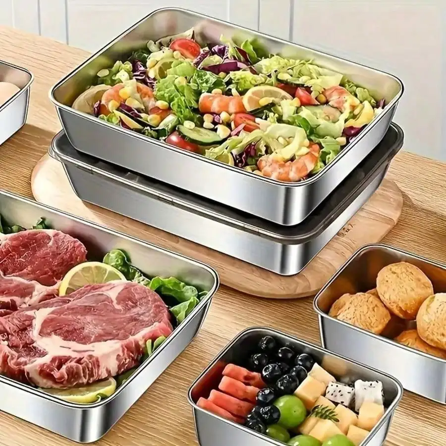 3 Get 2 Free, 5pcs Stainless Steel Food Storage Containers - Includes Free Lids, Baking Trays, Reusable For Picnics, Meal Pr