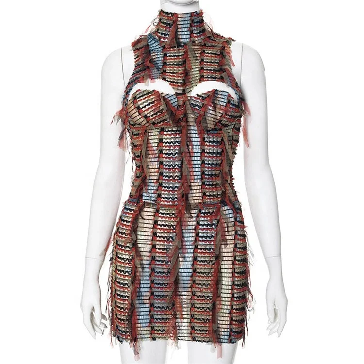 Color Patchwork Mesh Tassel 2 Piece Set Women Sexy Turtleneck Sleeveless Hollow Out Backless Crop Tops+Mini Skirts