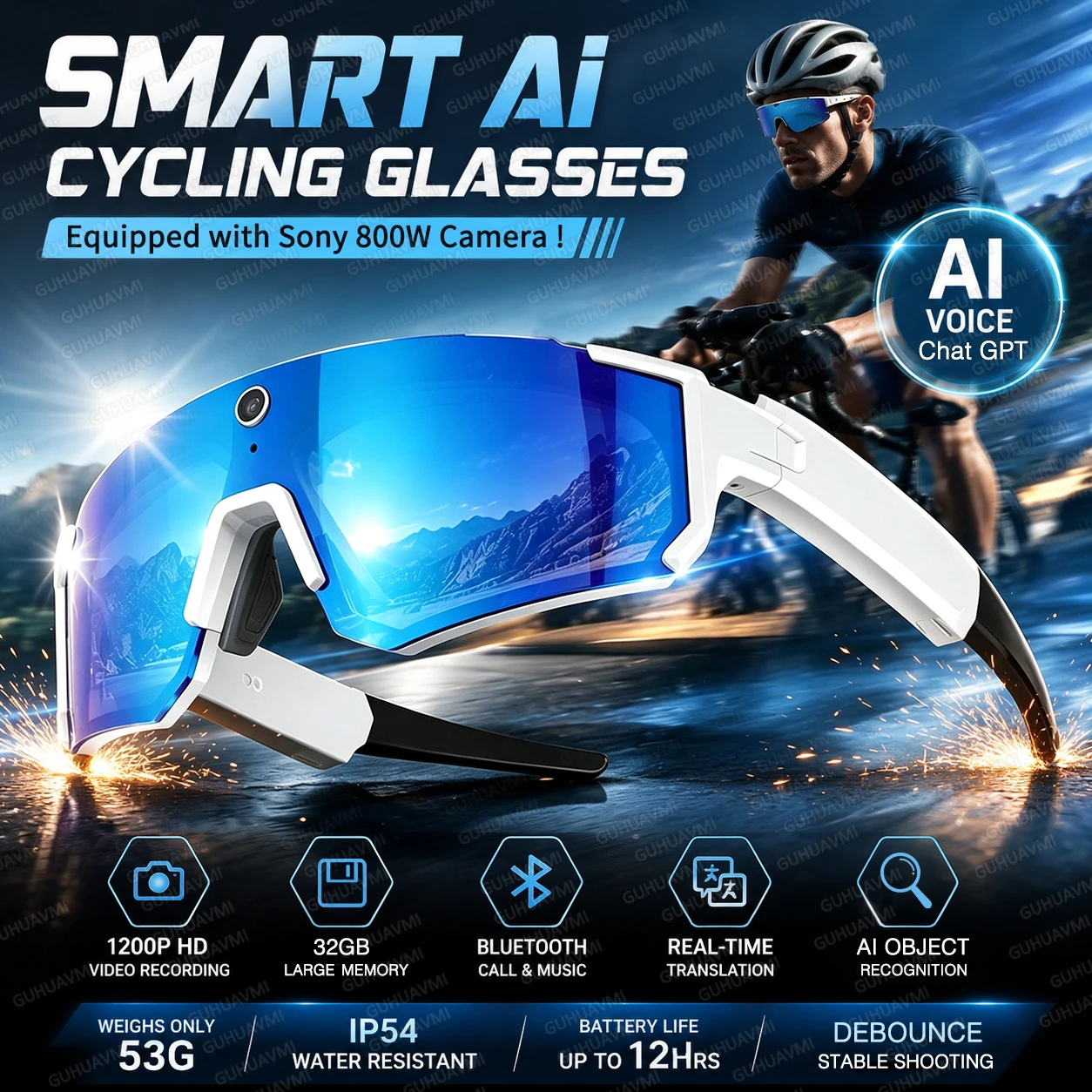 Nuovi Occhiali Smart AI per Ciclismo Outdoor 2026 con Fotocamera Video 1200P, Assistente AI ChatGPT, Traduzione Vocale 32GB, Occhiali da Sole Uomo
