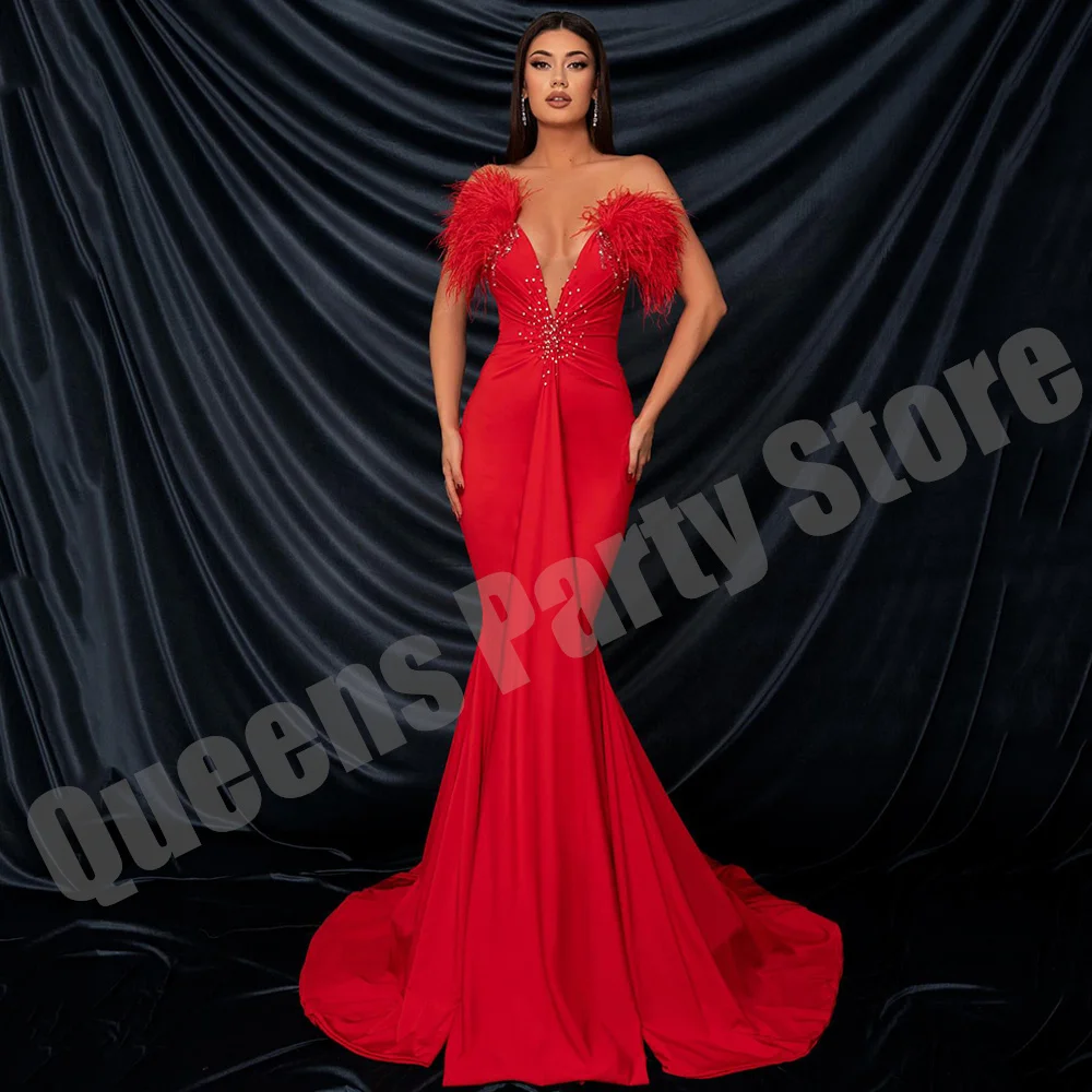 

Mermaid Evening Dress Red Prom Dresses Deep V Neck Beadings Pleat Sweep Train Feathers Formal Party Gown Vestidos De Festa