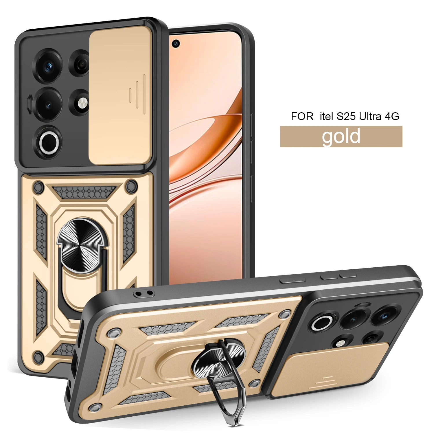 Itel Super 26 Ultra Magnetic Ring Holder Armor Phone Case with Slide Camera Protection
