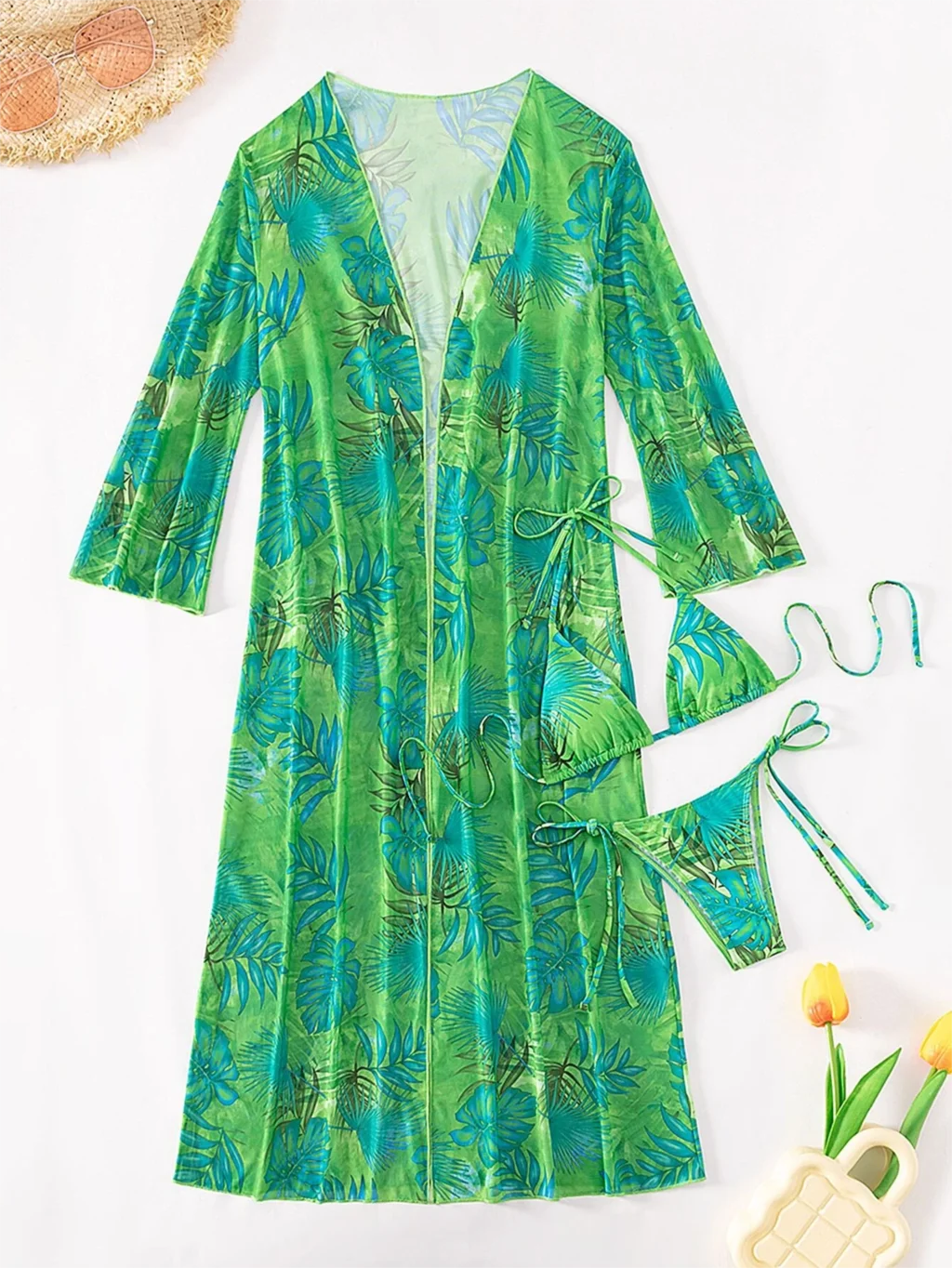 Bikini triangular con cordón para mujer, traje de baño de 3 piezas, estilo Kimono, Sexy, ropa de playa, 2024 - Imagen 4