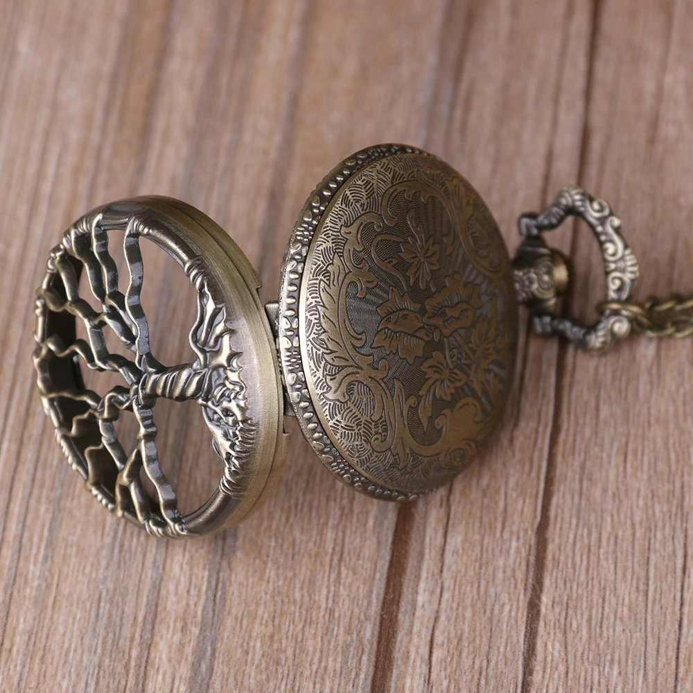 Retro Bronze Hollow Tree of Life Shape Quartz Pocket Watch with Necklace Chain Elegant Pendant Gift for Men Women Vintage Clock