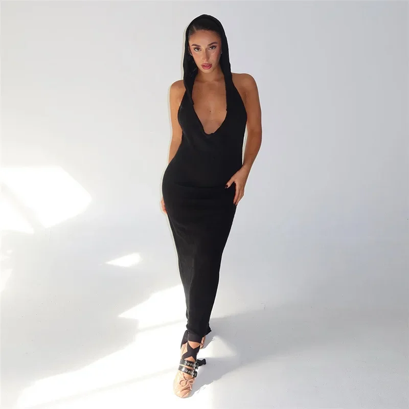 

Hooded Low Cut Long Dress Women Sexy Sleeveless Backless Lace Up Solid Chic Fashion Maxi Dresses Bodycon Vestidos Clubwear