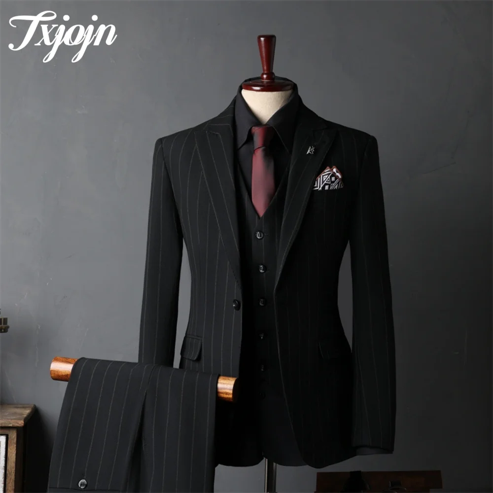 Costume 3 Pièces Homme Rayé Bleu Marine - Double Boutonnage, Revers Pic - Taille M Neuf