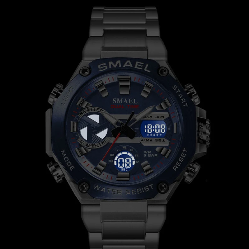 Smael Stainless Steel Watch For Men's Digital Analog Dual Movement Calendar Luminous Waterproof Fashion Sports Men Wristwatch, Alina Gadgets