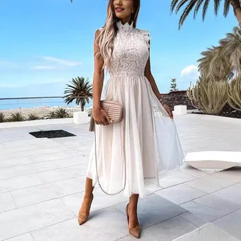 Elegante abito longuette senza maniche in rete con giunture in pizzo Tessuto in poliestere Colore puro girocollo Stile base Abito estivo alla moda per pendolari