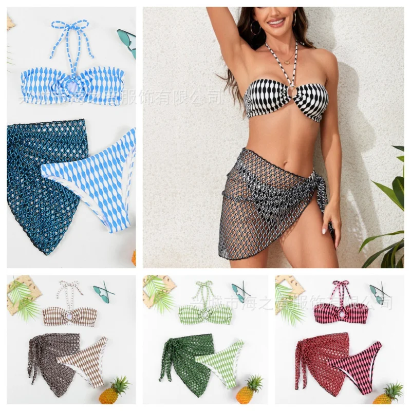 New Swimsuit Women's Special Fabric Two-Color Cloth Swimsuit Special Mesh Three-Piece Bikini