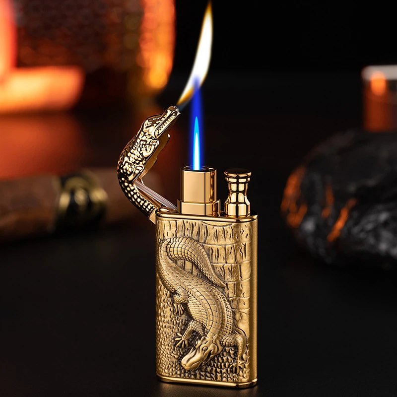 Metal Crocodile Double Fire Gas Lighters Windproof Open Flame Men Smoking Accessories