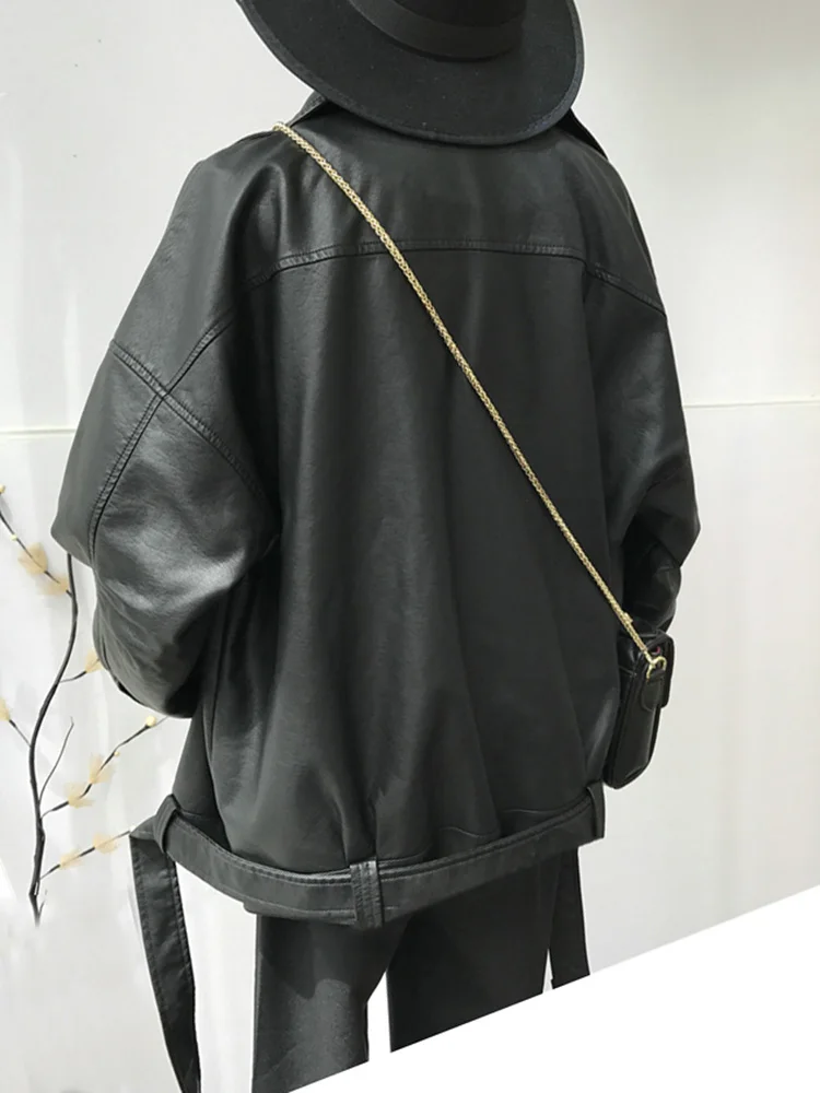 Aelegantmis Loose Women Soft Faux Leather Jacket With Belt Black Pu Leather Biker Jacket Lady Basic Coat Street Casual Outerwear