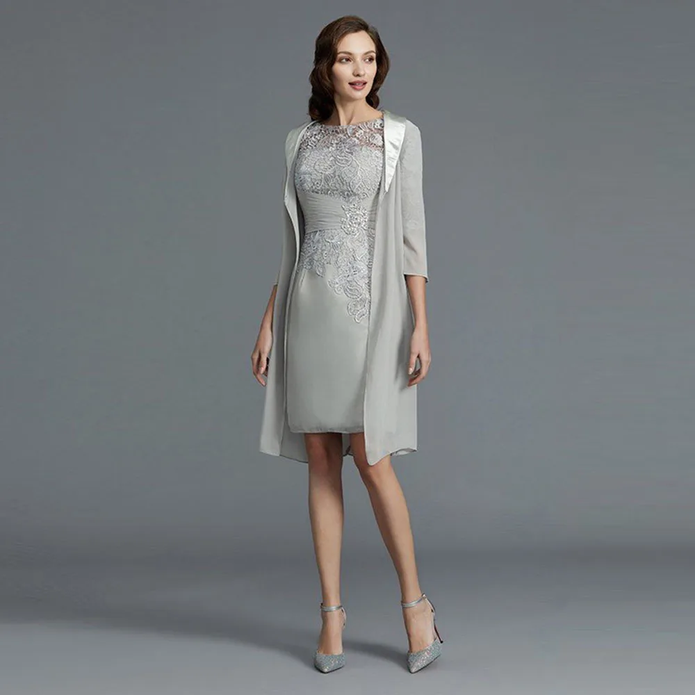 

Grey Sheath Mother Of The Bride Dresses With Jacket O-Neck Knee-Length Party Dress Pleat Lace Appliques Ladies Prom Gown Vestido
