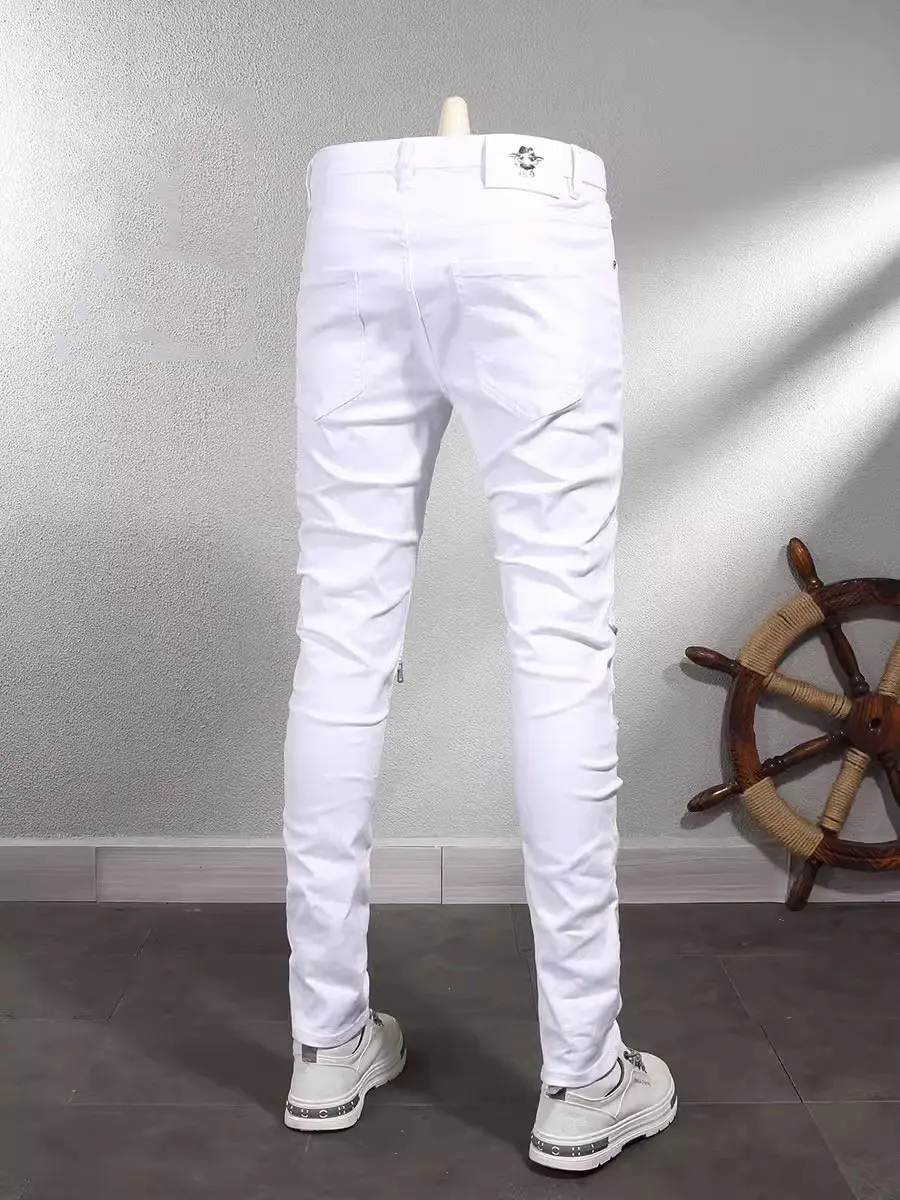 Street Fashion Men Jeans White Elastic Stretch Skinny Fit Ripped Jeans Men Zipper Designer Beading Patch Hip Hop Denim Pants