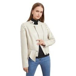 Faux Leather Jacket for Women Monochrome PU Overcoat Female Biker Coat with Zipper Casual Outwear Waterproof Spring and Autumn