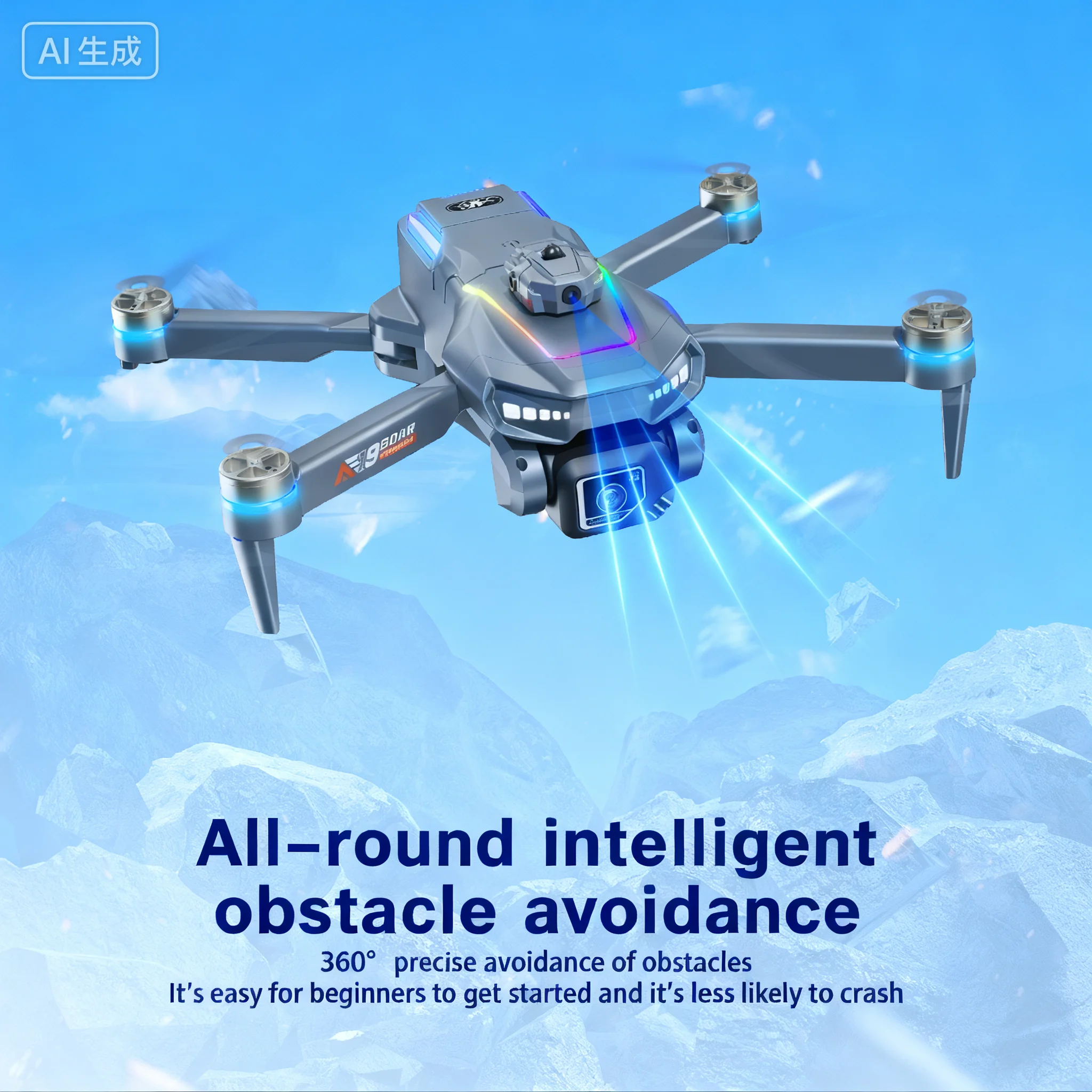 Drone en vol, capturant une vidéo 4K grâce à son système d'évitement d'obstacles.