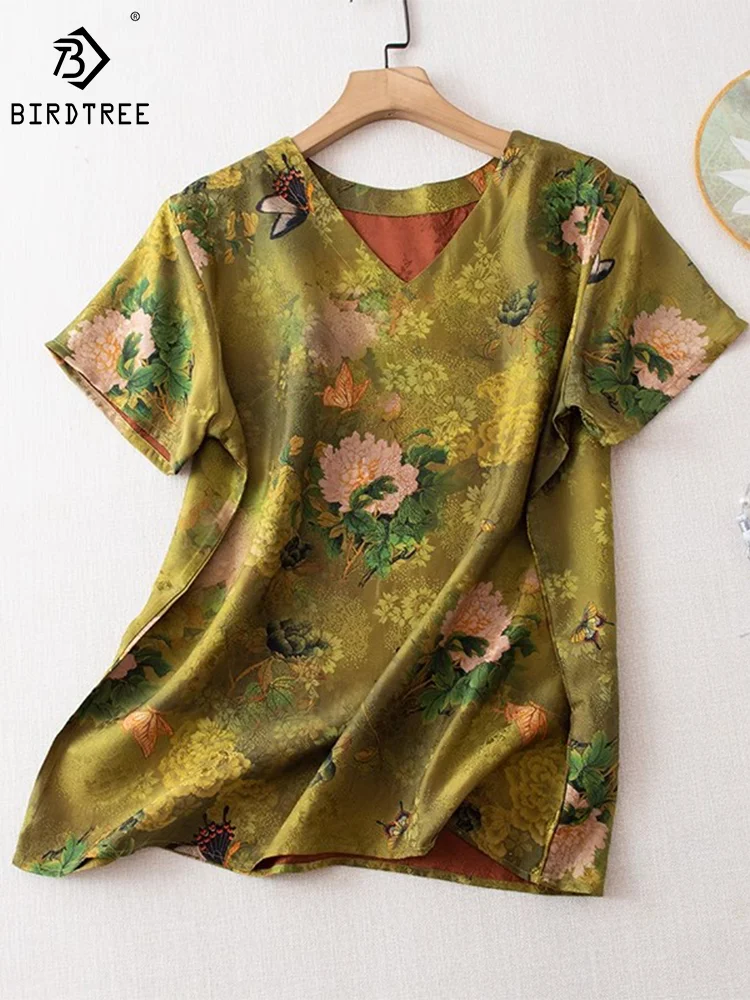 

Birdtree 100%Real Silk T-shirt for Women Gambiered Canton Gauze Palace Floral V-neck Pullover 2023 Summer Fashion Tops T383100QM