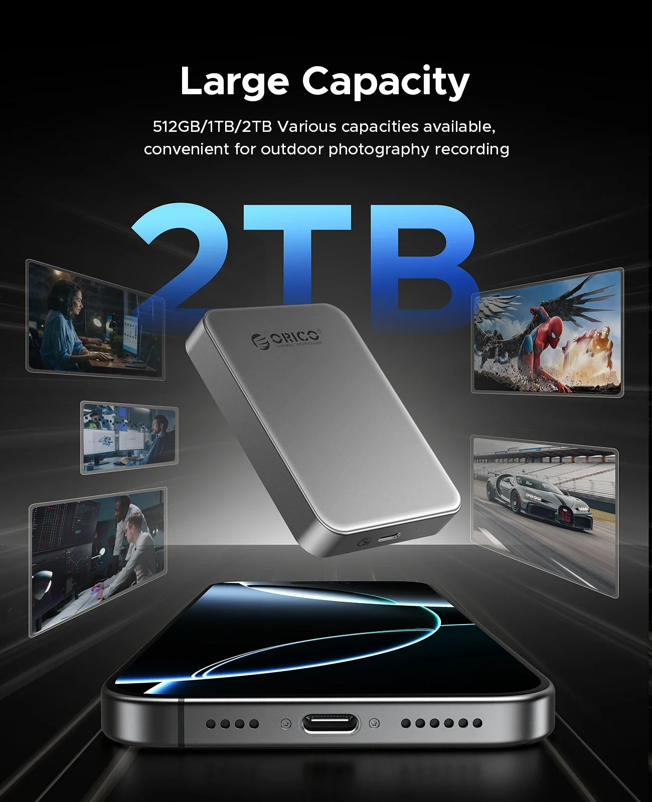 SSD Esterno Magnetico ORICO 2TB - Per IPhone 15/16, Velocit&agrave; 2000 MB/s, 4K ProRes