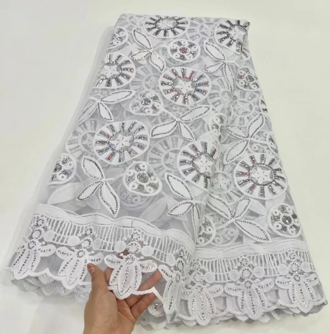 

YQOINFKS 5 Yards Ladies Tulle Net White African Lace Fabric 2023 High Quality Sequins for Sewing Embroidery Bridal Dress YQ-6000