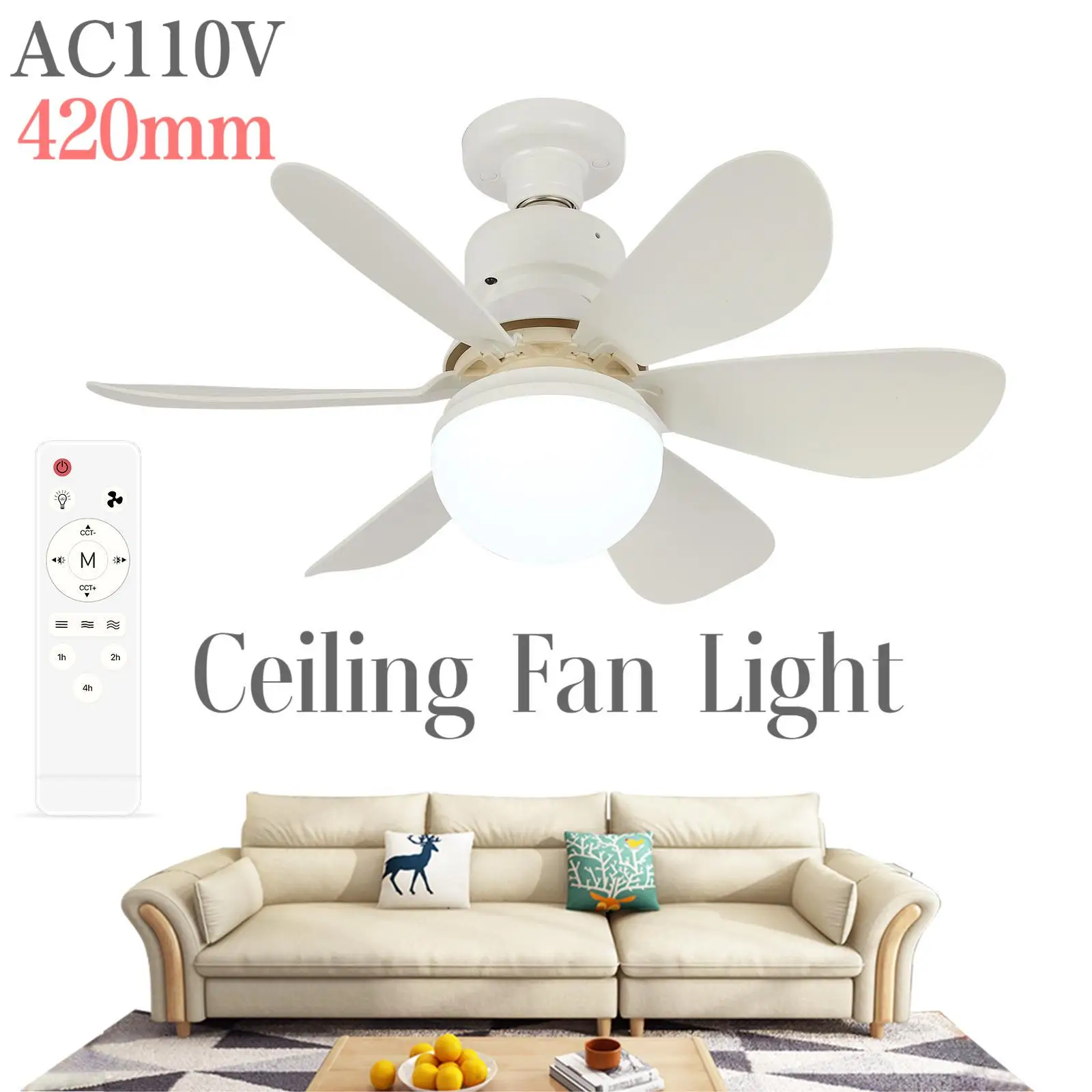 Ceiling Fan Light LED 110V 120V 220V 30W E27 With Remote Control 3000K-6500K Colour Temperatures 1PCS Small Screw In Ceiling Fan