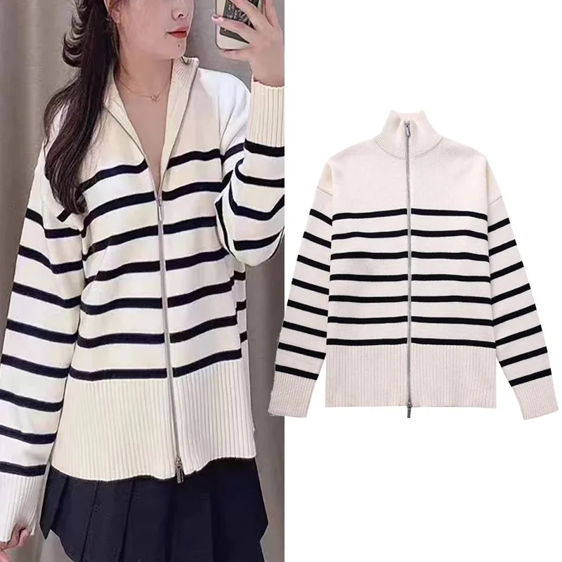 

TRAF Striped Knit Cardigan For Women 2023 Autumn Sweater Woman Fashion Metal Zip-Up New Knitwears Vintage High Neck Outerwears