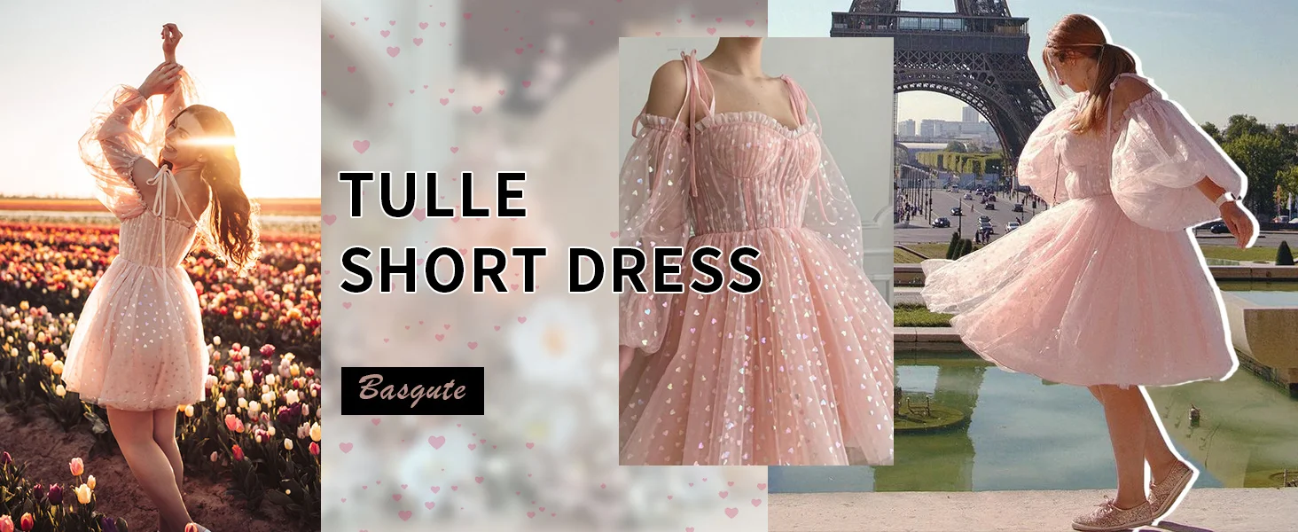 Vestido corto de tul con forma de corazón 2023, con mangas abullonadas y tirantes finos de hada.