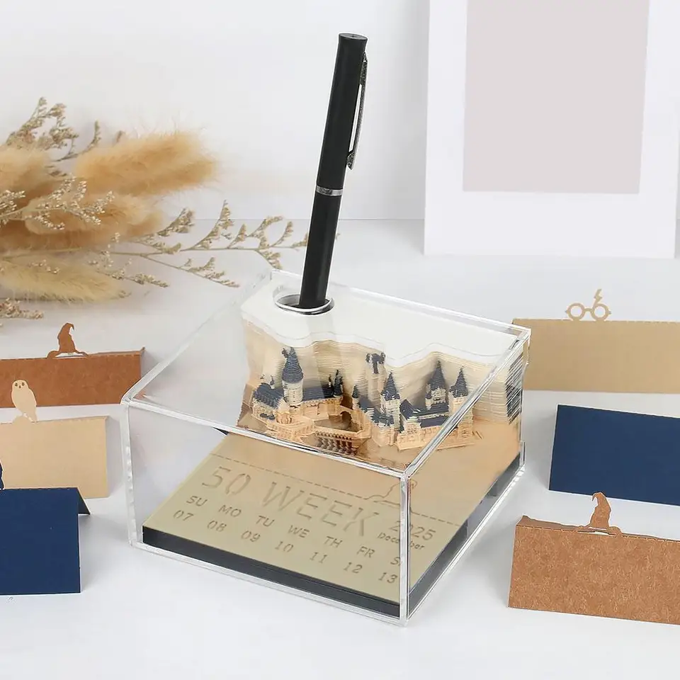 3D Memo Pad, 2025 Desk Calendar Memo Pad, Magic Castle Weekly Calendar With Lights 3D Paper Craft Notepad With Light Pen Holder - 15