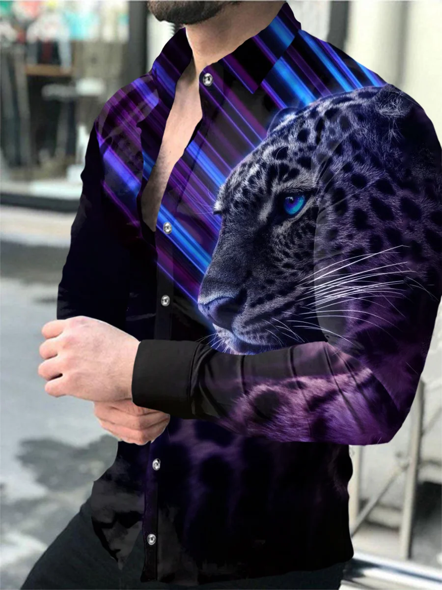 Men Casual Shirts Men Shirts Long Sleeve 3D Animal Lapel Button Summer Clothes S-4XL
