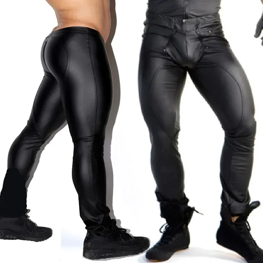 Men's PU Leather Leggings Wet Look Slimming Open Pouch Pant Tight Trousers High Waist Man Pants Streetwear leather pants