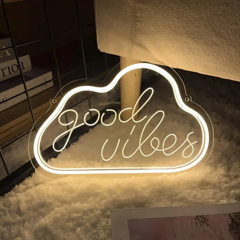 

Good Vibes Cloud Neon Sign Carve Custom Personal LED Lights For Bedroom Decoration Things To The Room Cafe Lighting Wall Decors