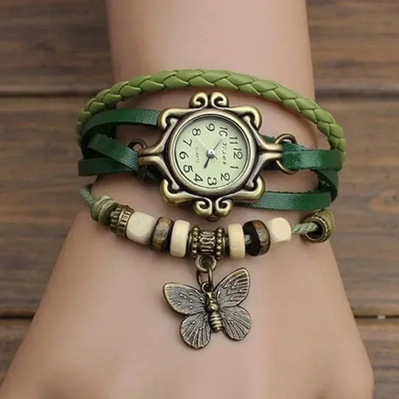 High-quality Bracelet Watch Vintage Hand Woven Leather Watch Fashionable Leather Wrapped Butterfly Pendant Quartz Watch Vintage