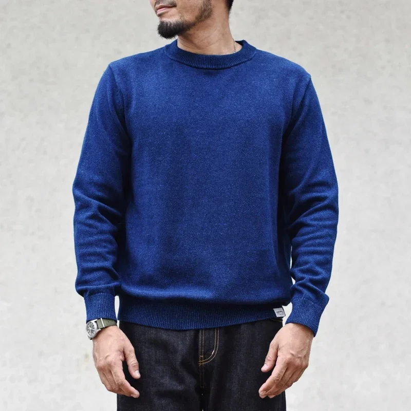 Sauce Zhan Mens Sweater Pullovers Sweater for Man Cotton Indigo Fadeable Knitted Sweater  Regular Fit 2