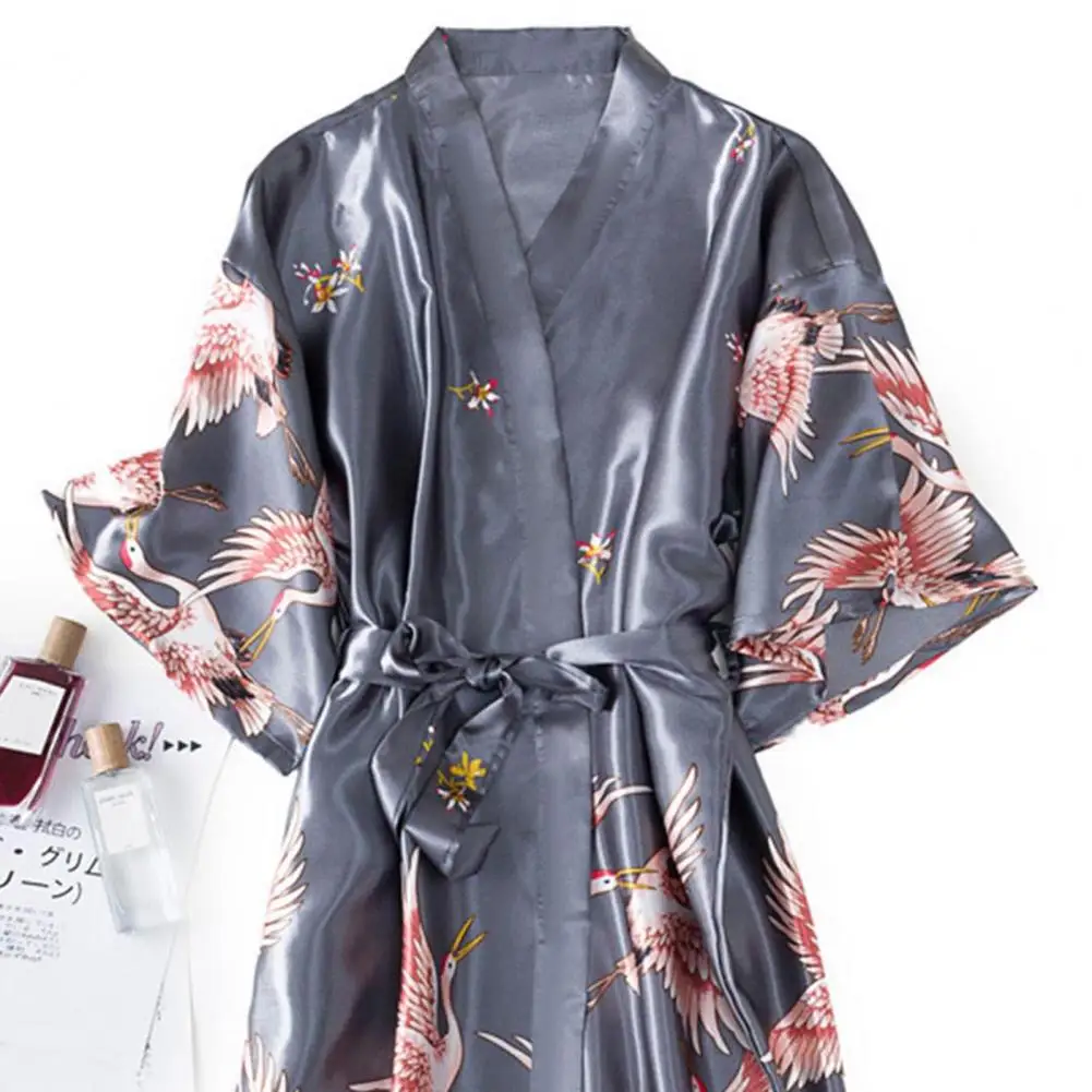 Women Bathrobe Ice Silk Bird Print Satin Lace up V Neck Half Sleeve Cardigan Nightgown Bride Morning Dressing Gown Sleepwear