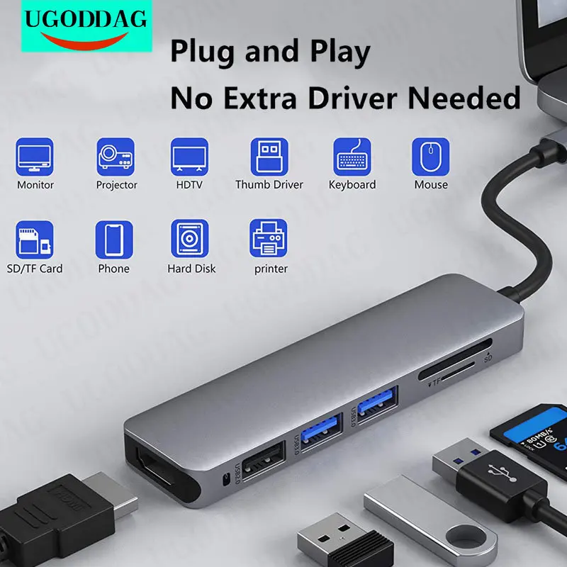 

USB C Hub HDMI-Compatible Adapter USB Docking Station USB-C To HDTV Sd TF Card Readerfor for MacBook Pro 2019/2018/2017 Notebook