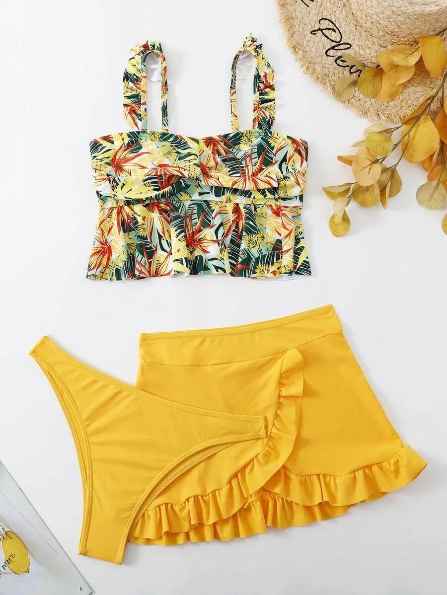 

3pack Tropical Print Ruffle Bikini Swimsuit & Beach Skirt Women Swimwear Bandeau Bikini Set Summer Beach Bathing Suit